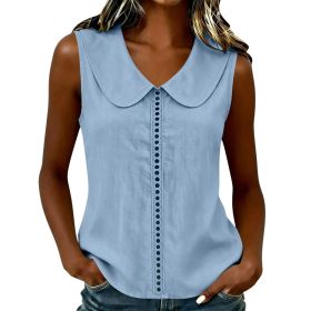 Loose-fit Vest With A Turn-down Collar Lace-panel Design And A Casual Sleeveless Style (Option: Sky blue-S)