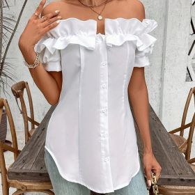 Women's Solid Color Off-Shoulder Ruffled Blouse - Waist Button-Down Shirt For Vacation & Daily Wear (Option: White-L)