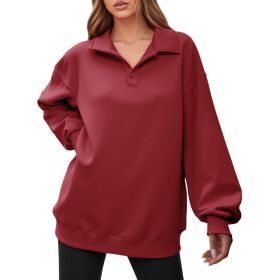 Fisoew Women Collared V Neck Sweatshirt Casual Oversized Long Sleeve Fashion Pullover Tops (Option: Burgundy-XL)
