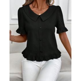 Women's Front-Button Petal-Sleeve Short-Sleeve Summer Fashion (Option: Black-S)
