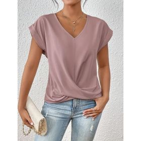 Women's Comfy Casual Summer Tops Short Sleeve V Neck Blouses T Shirts Twist Knot Basic Tees (Option: Pale pinkish grey-L)