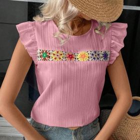 Women's Ruffle Short Sleeve Summer Tops Cute Crew Neck Floral Crochet Blouses Shirts (Option: Pink-M)