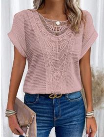Summer Hollow Out Short-sleeved T-shirt Fashion Ethnic Style Tops Women's Clothing (Option: Pink-L)