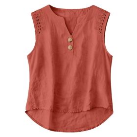 Solid-color V-neck Hollow-out Button Cotton-linen Short-sleeve Top Shirt (Option: Rouge Color-M)