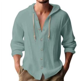 Cotton And Linen Shirt Hooded Sweater Button Long Sleeve (Option: Grey blue-L)