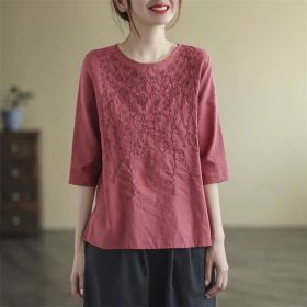 Artistic Retro Cotton And Linen Solid Color Half Sleeve (Option: Red-M)