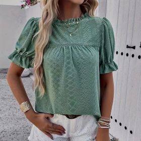 Women's Elegant Ruffle Detail Blouse Short Sleeve Round Neck Top (Option: Light Green-S)