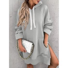 Women's Hooded Sweatshirt With Pockets Fashion Casual Split Mid-length Sweater Drawstring Tops (Option: Gray-S)