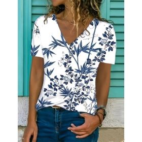 New Summer Fashion Casual V-neck Botanical Print Top Short Sleeve T-shirt (Option: XL)