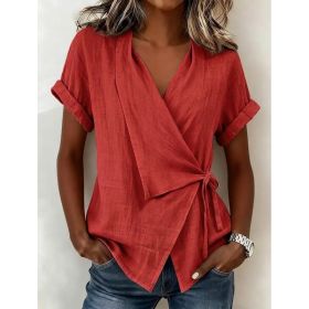 Women's Casual Lapel Collar Lace-Up Short-Sleeve Top (Option: Red-S)
