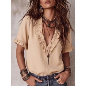 Cotton Pleated V-neck Casual Shirt Top Womens Clothing (Option: Apricot-S)