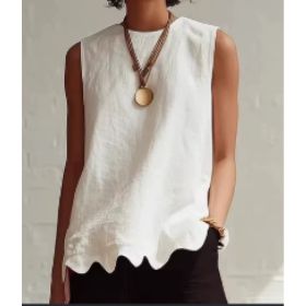 Linen-Style Round Neck Scallop Hem Sleeveless Top (Option: White-XXL)