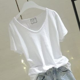 Versatile Patchwork Bamboo-cotton Thin Summer Short-sleeve Top (Option: White-M)