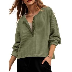 Fisoew Womens Cropped Sweatshirt Casual Waffle Knit Button V Neck Long Sleeve Loose Fit Fall Crop Tops (Option: Army Green-XXL)