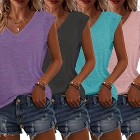 4Pack Women's V-Neck Short Sleeve T-Shirts - Summer Casual Solid Color Tops (Option: Purple Grey Blue Pink-XXL)