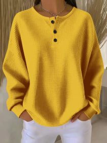 Ins Waffle Long-sleeved T-shirt Fashion Solid Color Buttons Round Neck Pullover Top Women's Clothing (Option: Yellow-S)
