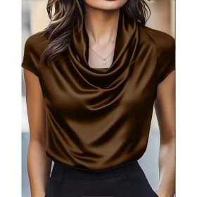 Womens Solid-color Boat-neck Drapey Short-sleeve Top (Option: Brown-S)
