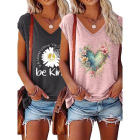 2-Pack Women's Floral T-Shirts Be Kind Wildflowers Graphic Print Casual V-Neck Tee Tops (Option: Gray Pink-2XL)