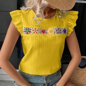 Women's Ruffle Short Sleeve Summer Tops Cute Crew Neck Floral Crochet Blouses Shirts (Option: Yellow-2XL)