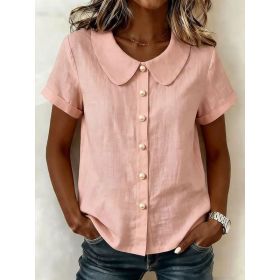 Womens Solid-Colored Short-Sleeve Casual Loose Cotton-Linen Shirt (Option: Pink-S)