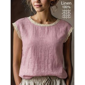 Loose Solid-Color Crew-Neck Lace Sleeveless Cotton-Linen Shirt (Option: Pink-L)