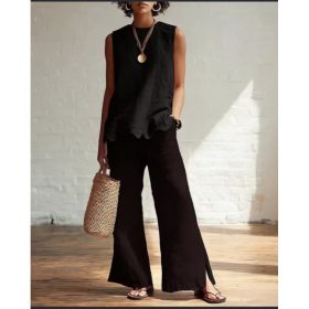 Linen-Style Round Neck Scallop Hem Sleeveless Top (Option: Black-L)