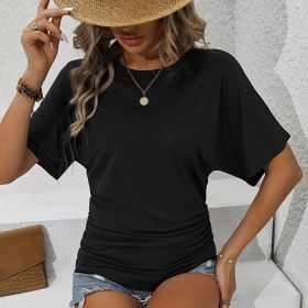 Women's Slim-Fit Ruched Short Sleeve T-Shirt Crewneck Casual Fitted Top (Option: Black-S)