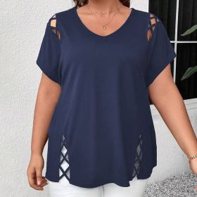 Women's Plus Size Criss Cross Short Sleeve V Neck T-Shirt Tops (Option: Navy Blue-0XL)