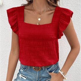 Women's Square Neck Ruffled Sleeve Short-Sleeve Blouse Vacation Casual Summer Top (Option: Red-L)