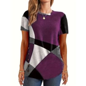 Only Self-pickup Is Supported Self-pick-up Plus Size Women's Casual T-shirts Color Block Short Sleeve Round Neck Slightly Elastic T-shirt (Option: Purple-5XL)