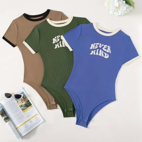 Letter Print Bodysuit 3 Pack, Casual Crew Neck Short Sleeve Bodysuit, Women's Clothing (Color: Brown+blue+green, size: XL(12))