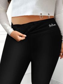 Plus Size Casual Leggings, Women's Plus Letter Print Liner Fleece High Rise Slight Stretch Leggings (Color: Black, size: 1XL(14))