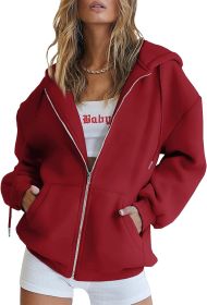 Women's Cute Hoodies Teen Girl Fall Jacket Oversized Sweatshirts Casual Drawstring Clothes Zip Up Y2K Hoodie with Pocket (Color: Red, size: small)
