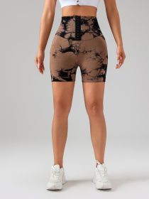 Tie Dye Button Everyday Wear Spring Summer Sports Shorts, High Waist Butt Lift Tie Dye Shorts (Color: Coffee, size: S)