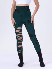 Butt Lifting Yoga Gym Athletic Pants, Hollow Out Tummy Control Sports Leggings Tie Dye Running Pants (Color: Green, size: L)