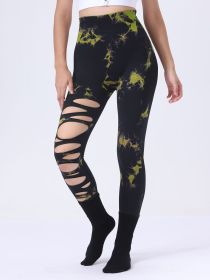 Butt Lifting Yoga Gym Athletic Pants, Hollow Out Tummy Control Sports Leggings Tie Dye Running Pants (Color: Lightgreen, size: L)