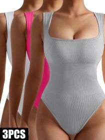 3 Pack Women Workout Seamless Jumpsuit Yoga Ribbed Bodycon One Piece Spaghetti Strap Romper (Color: 3PACK10, size: S)