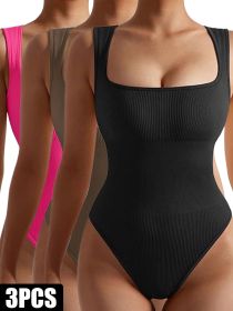 3 Pack Women Workout Seamless Jumpsuit Yoga Ribbed Bodycon One Piece Spaghetti Strap Romper (Color: 3PACK3, size: M)