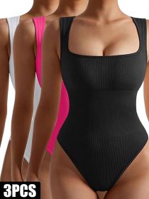 3 Pack Women Workout Seamless Jumpsuit Yoga Ribbed Bodycon One Piece Spaghetti Strap Romper (Color: 3PACK1, size: M)