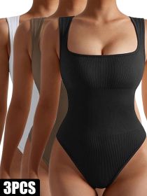 3 Pack Women Workout Seamless Jumpsuit Yoga Ribbed Bodycon One Piece Spaghetti Strap Romper (Color: 3PACK9, size: M)