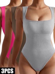 3 Pack Women Workout Seamless Jumpsuit Yoga Ribbed Bodycon One Piece Spaghetti Strap Romper (Color: 3PACK6, size: S)