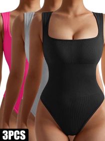 3 Pack Women Workout Seamless Jumpsuit Yoga Ribbed Bodycon One Piece Spaghetti Strap Romper (Color: 3PACK5, size: M)