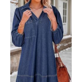 New Women's Casual Doll Dress With V-neck, Three-quarter Length, Puffed Sleeves, And Denim Material (Option: M)