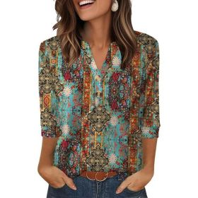 Womens Plus-Size Loose V-Neck Buttoned Three-Quarter Sleeve T-Shirt (Option: Figure 5-S)