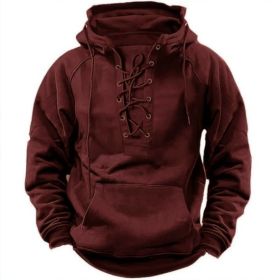 Ins Lace-up Hoodie Casual Sports Pocket Sweatshirt Men's Long-sleeved Top Clothing (Option: Wine Red-2XL)