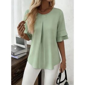 Loose-fit Ruffled Three-quarter-sleeve Blouse For Women (Option: Light Green-S)