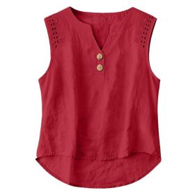 Solid-color V-neck Hollow-out Button Cotton-linen Short-sleeve Top Shirt (Option: Wine Red-M)