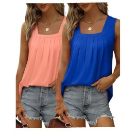 2-piece Women's Vest Pleated Square Neck Sleeveless Tuxedo Top (Option: Multicolored-2pcs-XL)