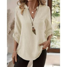 New Women's Loose-Fit Plus-Size V-Neck Solid Color Short-Sleeve T-Shirt (Option: White-M)