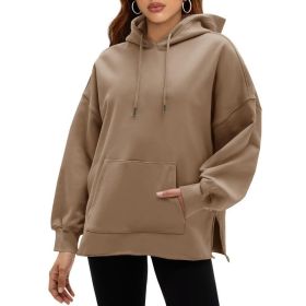 Fisoew Women's Hoodies Oversized Sweatshirts Casual Long Sleeve Side Slit Pullover Tops Fall Winter Outfits With Pocket (Option: Khaki-M)